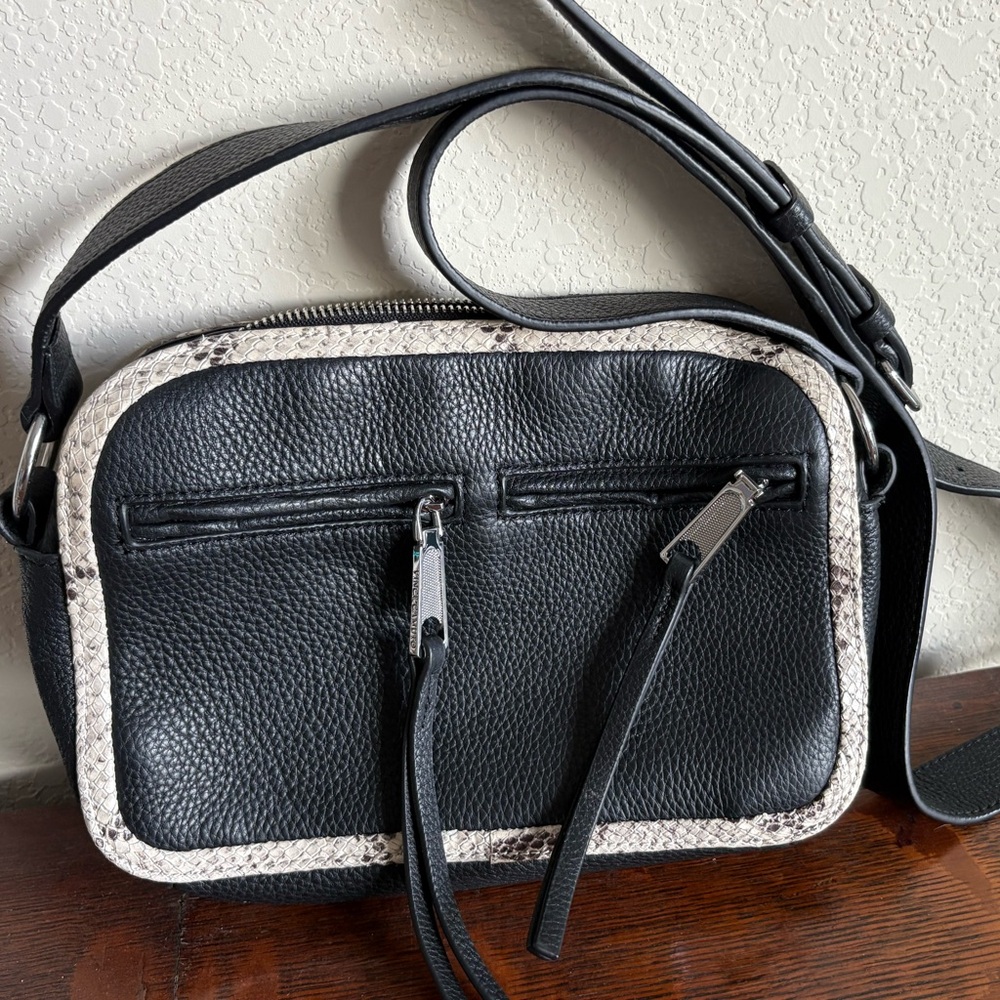 Vince Camuto Julez Leather Crossbody Purse in Nero; Black & Snakeskin Trim